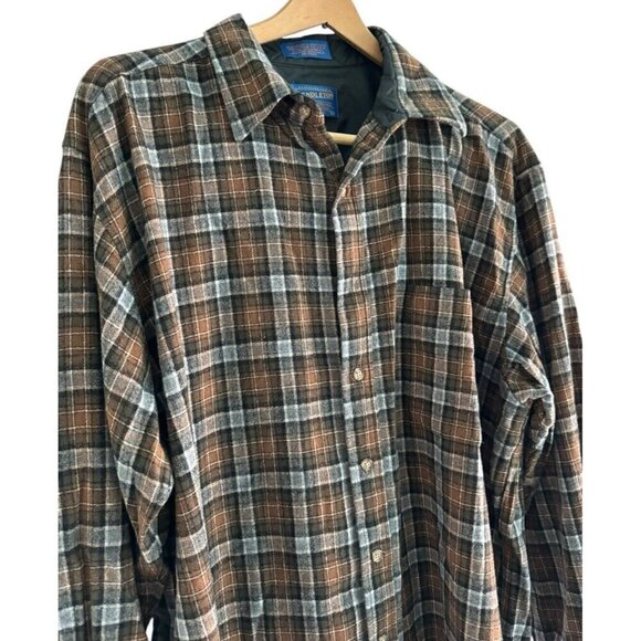 Vintage Pendleton Mens Sz XL Brown Gray Plaid 100% Wool Button Up Long Slv Shirt - Picture 2 of 9